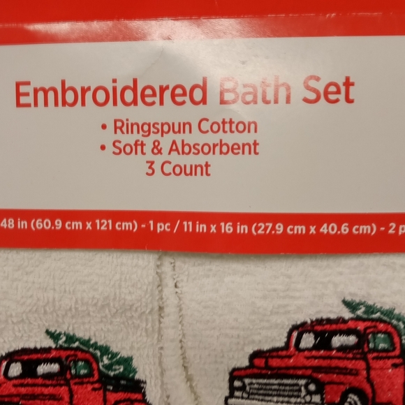 Christmas 3 Pc Bath Set Embroidered Truck & Tree Spun Cotton - Picture 2 of 4